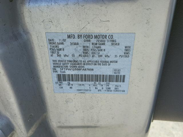 1FTPW12558FA87608 - 2008 FORD F150 SUPER SILVER photo 10