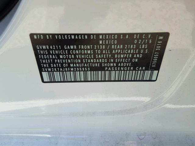 3VW2K7AJ8FM295953 - 2015 VOLKSWAGEN JETTA BASE 白色 照片 10