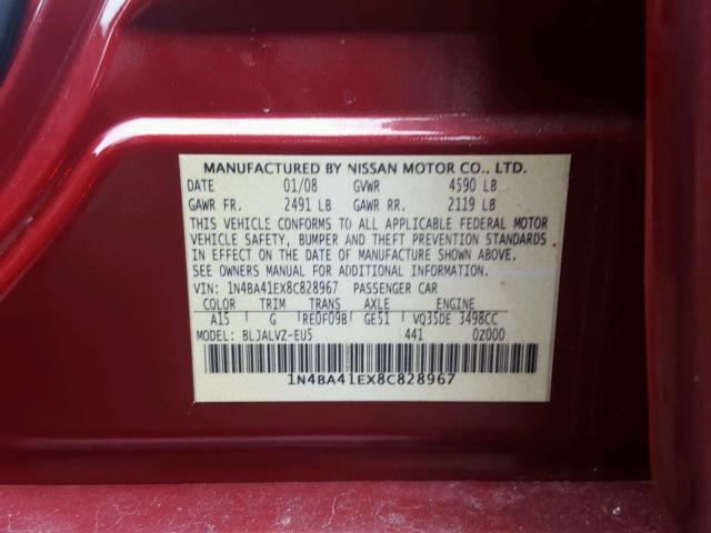 1N4BA41EX8C828967 - 2008 NISSAN MAXIMA SE RED photo 10