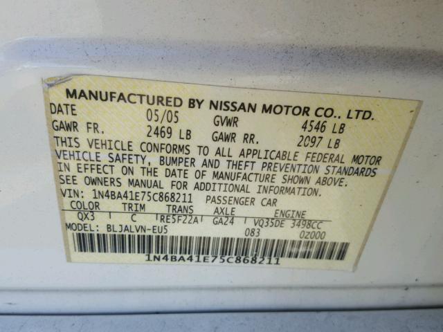 1N4BA41E75C868211 - 2005 NISSAN MAXIMA SE WHITE photo 10