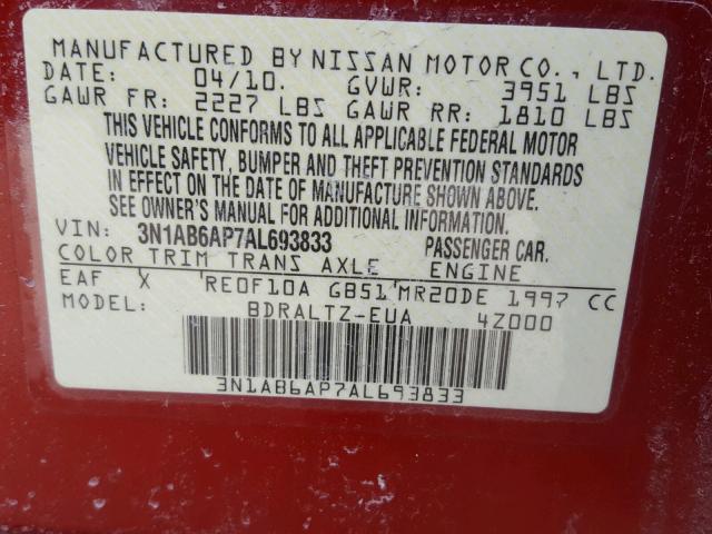 3N1AB6AP7AL693833 - 2010 NISSAN SENTRA 2.0 RED photo 10