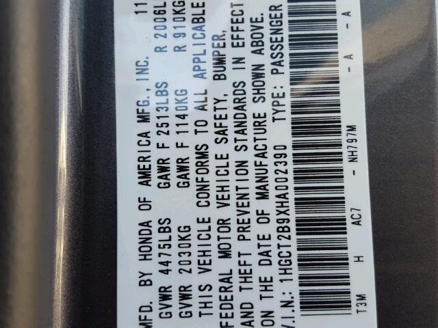 1HGCT2B9XHA002390 - 2017 HONDA ACCORD EXL CHARCOAL photo 10