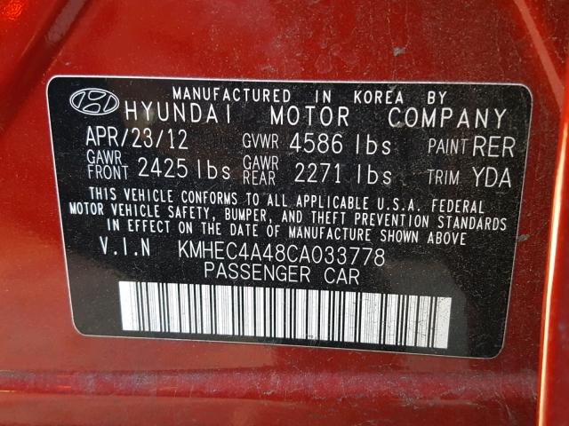 KMHEC4A48CA033778 - 2012 HYUNDAI SONATA HYB RED photo 10