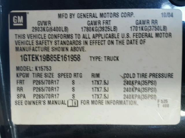 1GTEK19B85E161958 - 2005 GMC NEW SIERRA GRAY photo 10