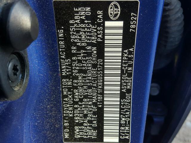 4T1BF1FK8GU551720 - 2016 TOYOTA CAMRY LE BLUE photo 10