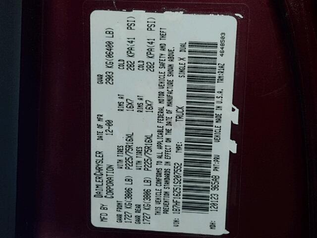 1B7HF16Z51S207552 - 2001 DODGE RAM 1500 BURGUNDY photo 10