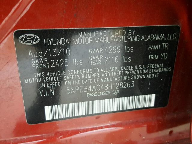 5NPEB4AC4BH128263 - 2011 HYUNDAI SONATA GLS RED photo 10