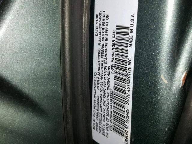 4S3BH675417635897 - 2001 SUBARU LEGACY OUT GREEN photo 10