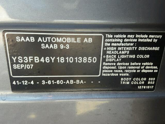 YS3FB46Y181013850 - 2008 SAAB 9-3 2.0T GRAY photo 10