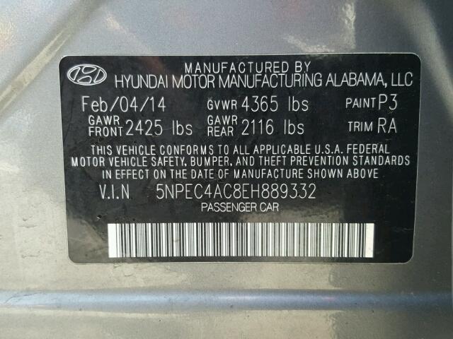 5NPEC4AC8EH889332 - 2014 HYUNDAI SONATA SE GRAY photo 10