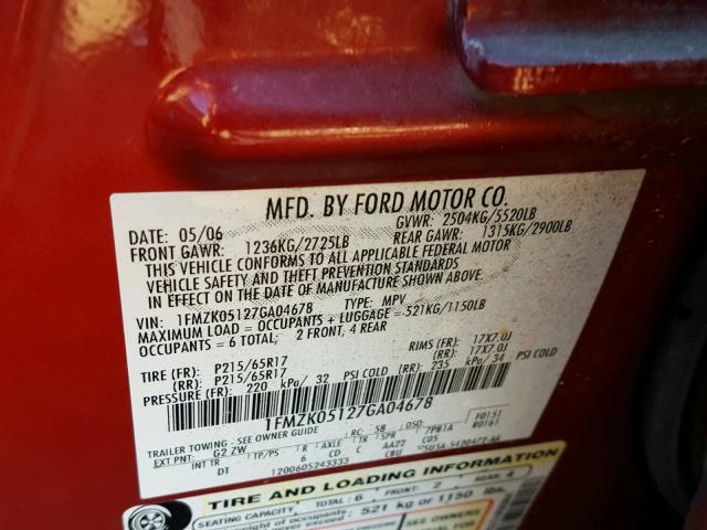 1FMZK05127GA04678 - 2007 FORD FREESTYLE RED photo 10