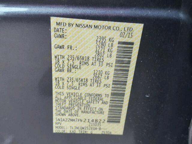 5N1AZ2MH7FN214822 - 2015 NISSAN MURANO S GRAY photo 10