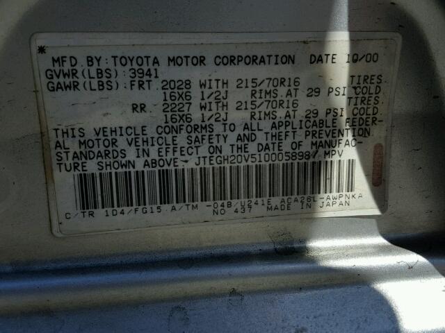 JTEGH20V510005898 - 2001 TOYOTA RAV4 SILVER photo 10