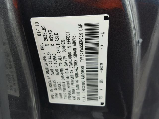 1HGCS1B81AA009898 - 2010 HONDA ACCORD EXL GRAY photo 10