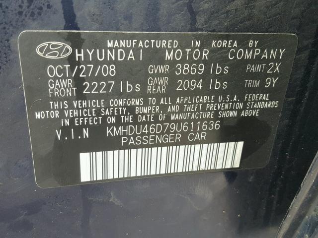 KMHDU46D79U611636 - 2009 HYUNDAI ELANTRA GL BLUE photo 10