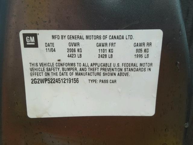 2G2WP522451219156 - 2005 PONTIAC GRAND PRIX CHARCOAL photo 10