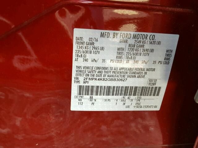 2FMPK4K82GBB30627 - 2016 FORD EDGE TITAN RED photo 10