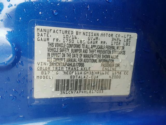 3N1CN7AP4HL817055 - 2017 NISSAN VERSA S BLUE photo 10