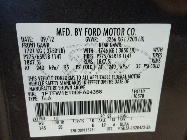 1FTFW1ET0DFA04358 - 2013 FORD F150 SUPER GRAY photo 10