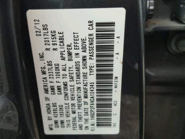 1HGCP2F64CA104345 - 2012 HONDA ACCORD SE GRAY photo 10