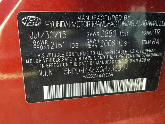 5NPDH4AEXGH736307 - 2016 HYUNDAI ELANTRA SE RED photo 10