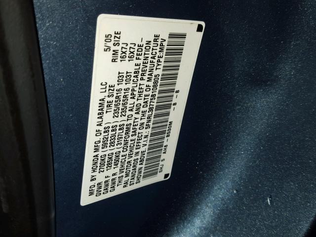 5FNRL38775B108805 - 2005 HONDA ODYSSEY EX BLUE photo 10