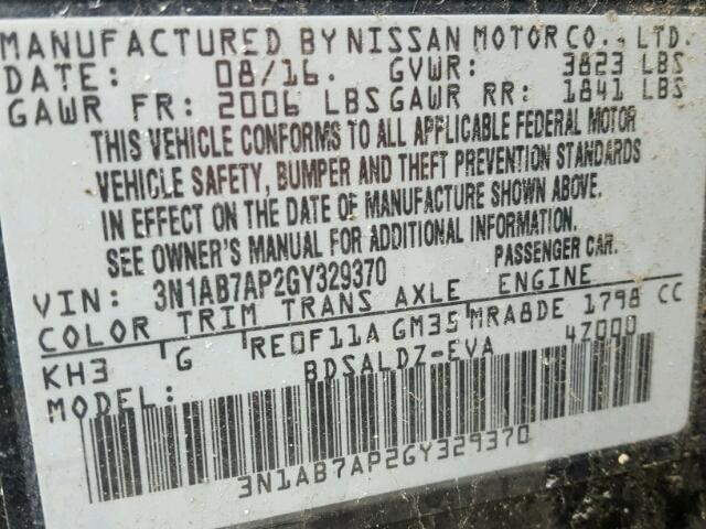 3N1AB7AP2GY329370 - 2016 NISSAN SENTRA S BLACK photo 10