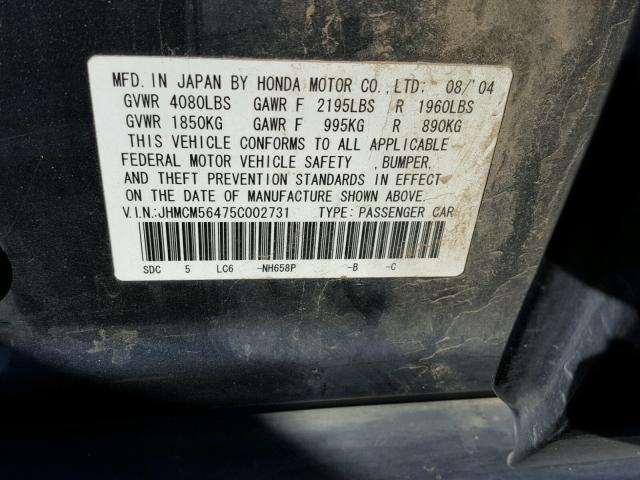 JHMCM56475C002731 - 2005 HONDA ACCORD LX CHARCOAL photo 10