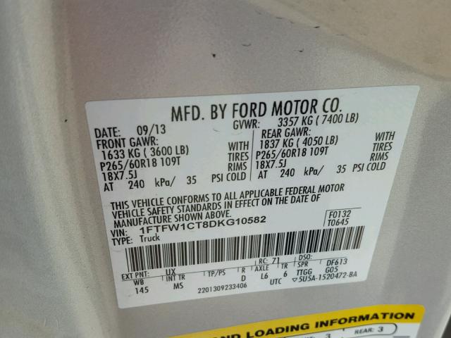 1FTFW1CT8DKG10582 - 2013 FORD F150 SUPER SILVER photo 10