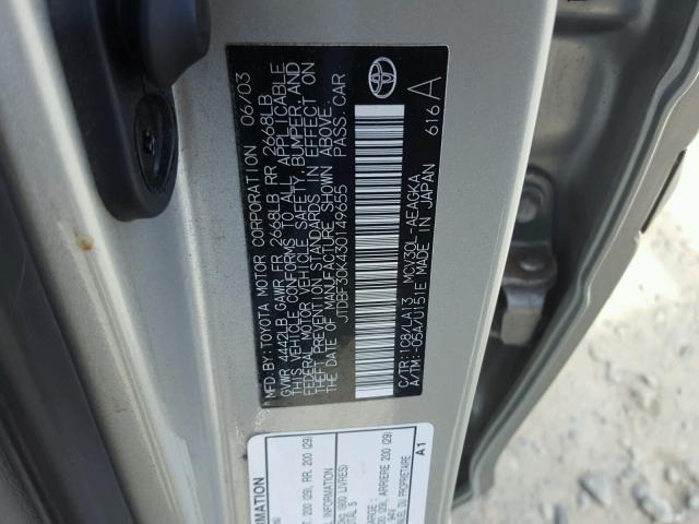 JTDBF30K430149655 - 2003 TOYOTA CAMRY LE SILVER photo 10