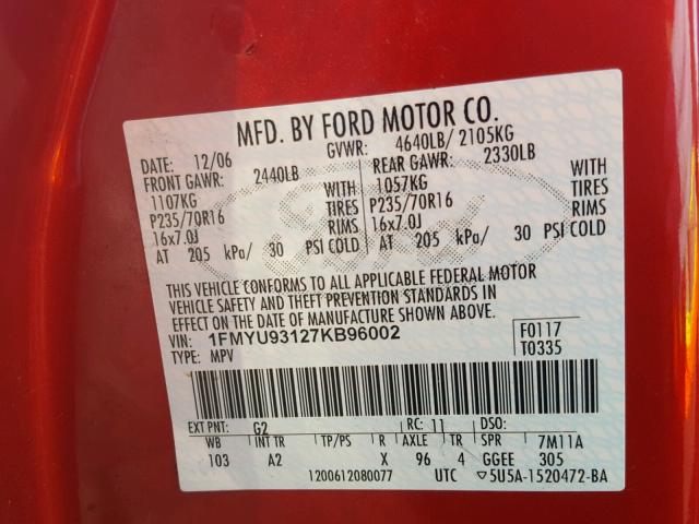 1FMYU93127KB96002 - 2007 FORD ESCAPE XLT RED photo 10