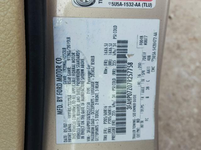 3FAHP07Z07R257758 - 2007 FORD FUSION SE GOLD photo 10