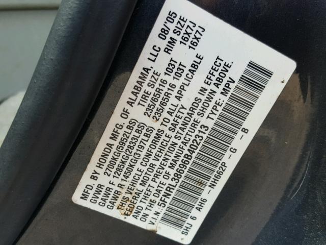 5FNRL38696B402313 - 2006 HONDA ODYSSEY EX BLUE photo 10