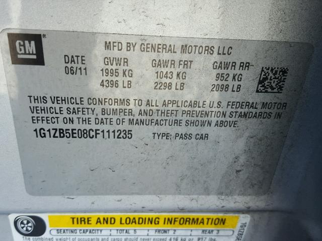 1G1ZB5E08CF111235 - 2012 CHEVROLET MALIBU LS ვერცხლისფერი ფოტო 10