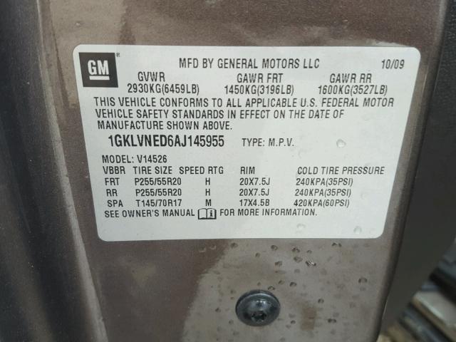 1GKLVNED6AJ145955 - 2010 GMC ACADIA SLT ყავისფერი ფოტო 10