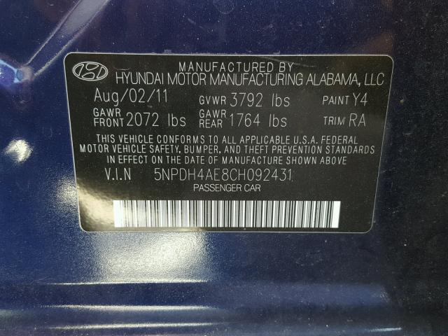 5NPDH4AE8CH092431 - 2012 HYUNDAI ELANTRA GL BLUE photo 10