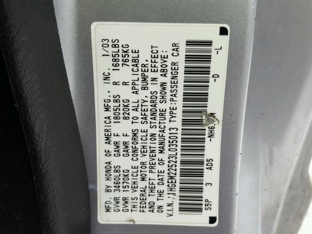 1HGEM22523L035013 - 2003 HONDA CIVIC LX SILVER photo 10