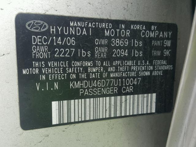 KMHDU46D77U110047 - 2007 HYUNDAI ELANTRA GL BEIGE photo 10