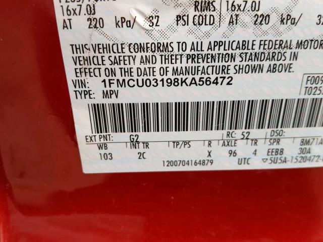 1FMCU03198KA56472 - 2008 FORD ESCAPE XLT RED photo 10