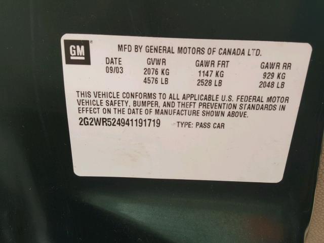 2G2WR524941191719 - 2004 PONTIAC GRAND PRIX GREEN photo 10