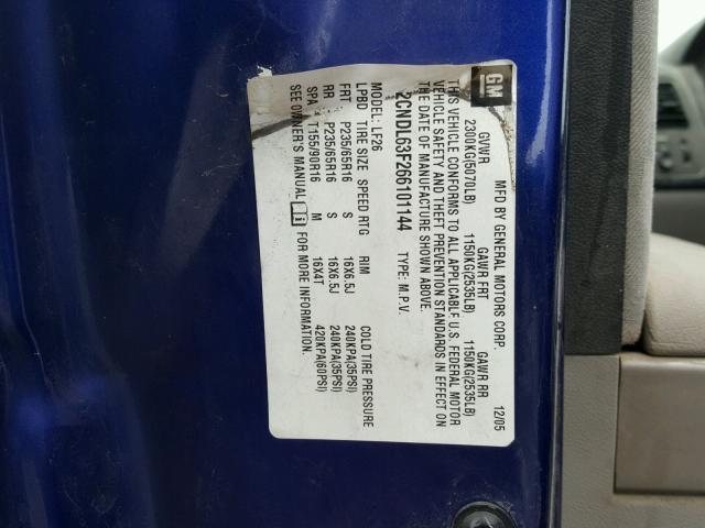 2CNDL63F266101144 - 2006 CHEVROLET EQUINOX LT BLUE photo 10