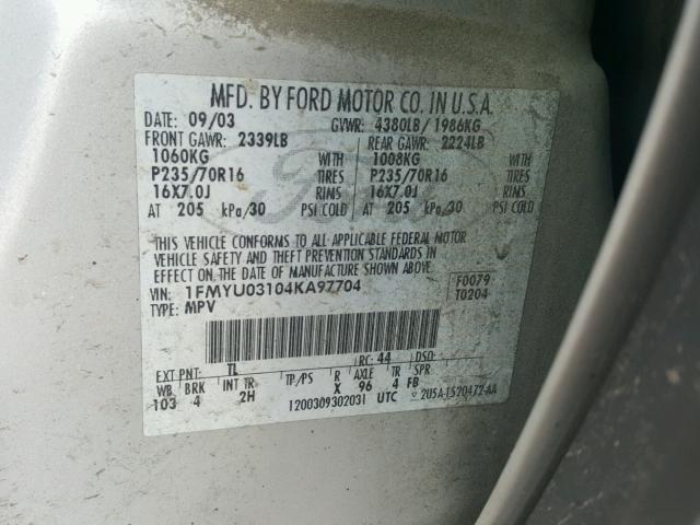 1FMYU03104KA97704 - 2004 FORD ESCAPE XLT SILVER photo 10