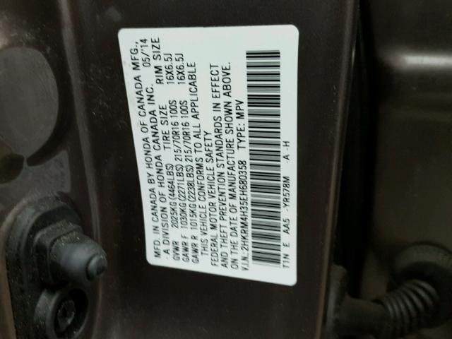 2HKRM4H35EH680358 - 2014 HONDA CR-V LX BROWN photo 10