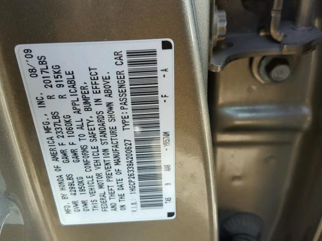 1HGCP26339A200627 - 2009 HONDA ACCORD LX TAN photo 10