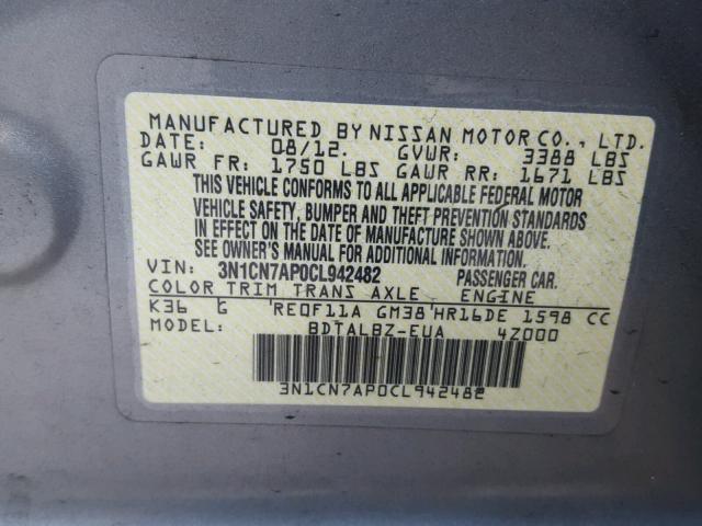 3N1CN7AP0CL942482 - 2012 NISSAN VERSA S SILVER photo 10