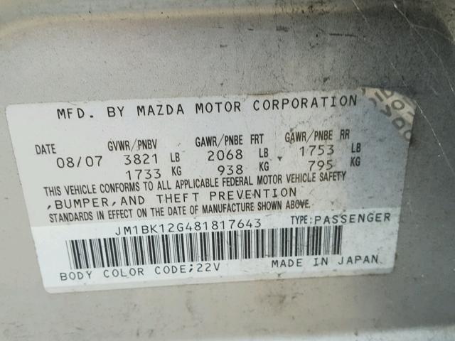 JM1BK12G481817643 - 2008 MAZDA 3 I SILVER photo 10