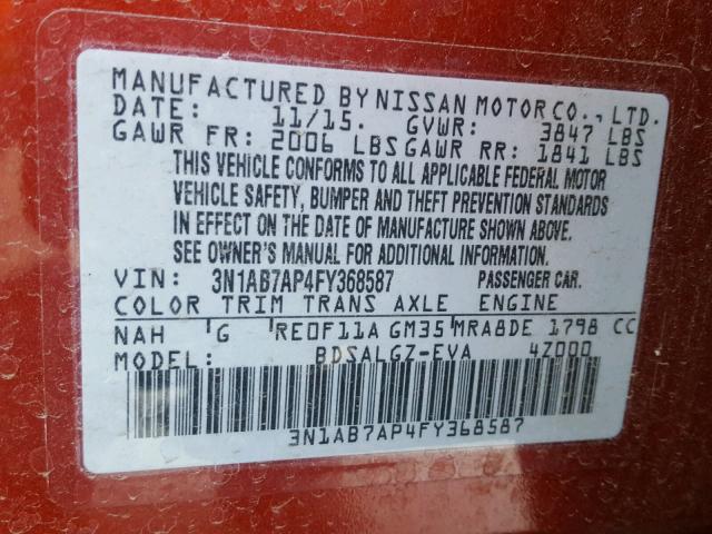 3N1AB7AP4FY368587 - 2015 NISSAN SENTRA S RED photo 10