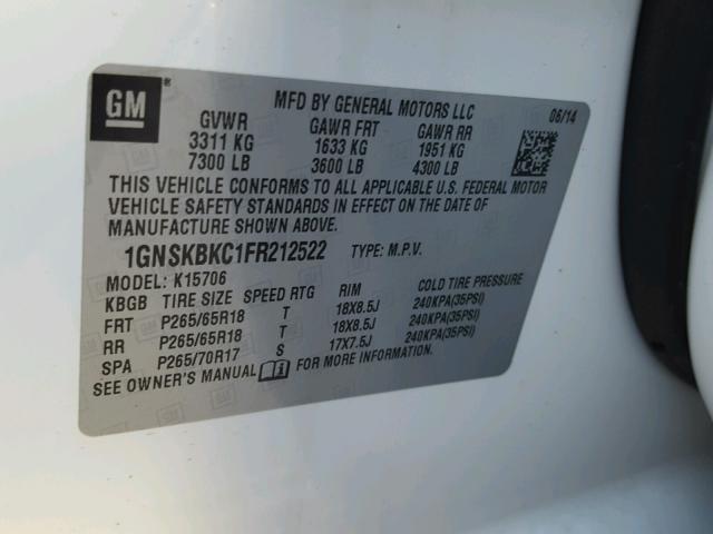 1GNSKBKC1FR212522 - 2015 CHEVROLET TAHOE K150 WHITE photo 10