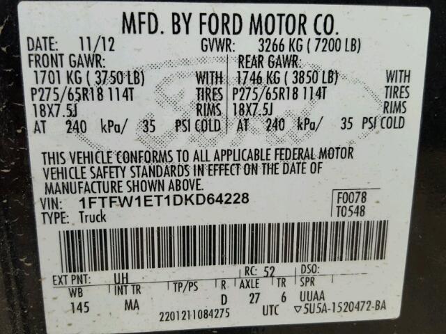 1FTFW1ET1DKD64228 - 2013 FORD F150 SUPER BLACK photo 10