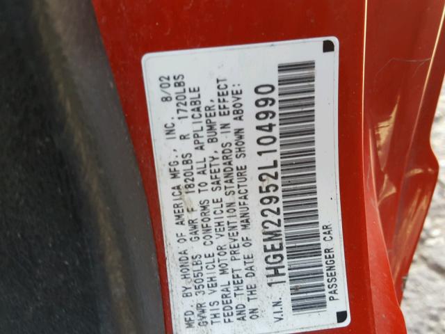 1HGEM22952L104990 - 2002 HONDA CIVIC EX წითელი ფოტო 10
